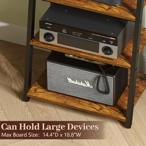 4-Tier AV Media Stand with Power Strips, Heavy Duty Stereo Cabinet Stand with LED Lights, Wooden Record Player Stand with 2 Hooks, Audio Stand Furniture Perfect for DVD Player/Game Console/TV Box/Xbox X-cosrack