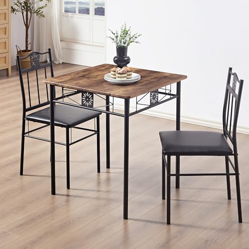 VECELO 3-Piece Small Kitchen Dining Table Set for 2, PU Padded Chairs, Retro Brown VECELO