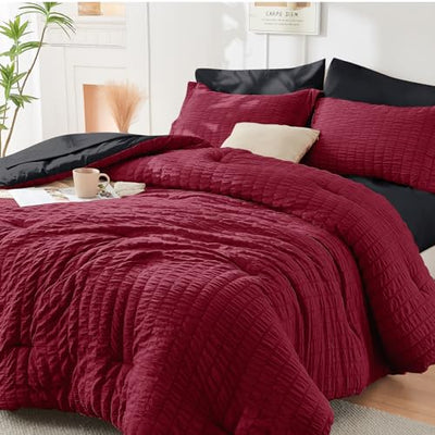 HYMOKEGE Red & Black Queen Comforter Set Seersucker 7 Pieces, All Season Luxury Bed in a Bag for Bedroom, Bedding Set with Comforters, Sheets, Pillowcases & Shams