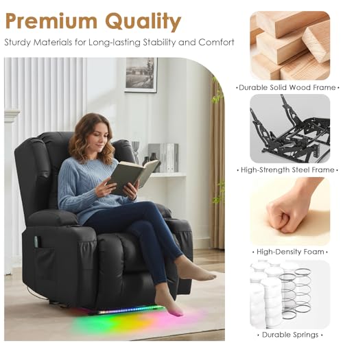 SAMERY Power Recliner Chair, Electric Wall Hugger Recliner Chair Reclining Sofa Home Theater Seating for Living Room with Massage & Heat, USB, LED Lights, Cup Holders, Side Pockets, Lumbar Pillow