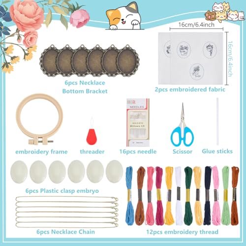 INFUNLY 6 Set Retro Embroidery Pendant Kit for Beginner Cat Plant DIY Embroidery Stitching Necklace Mini Embroidery Stitch Kit Sewing Jewelry Kits with Hoop Instructions for Adults Art Gifts Hanging