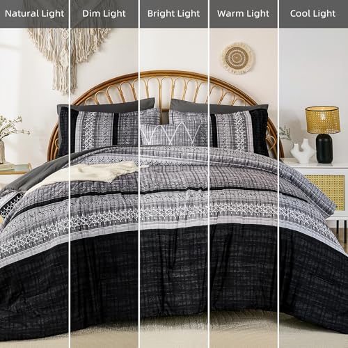 Dintszyayue Black Comforter Set Queen Size, 8 Pieces Boho Striped Bed in a Bag Soft Microfiber Bedding Set for All Season Dintszyayue