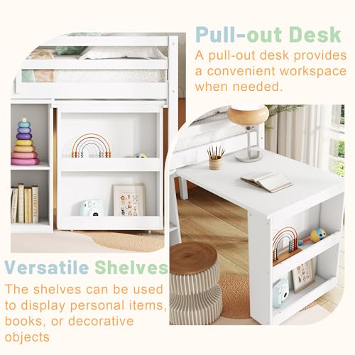 Low Loft Bed with Storage & Rolling Out Desk, Kids Twin Size Loft Beds with Bookcase & Drawers, Rubber Wood Junior Lofts Bed with Dresser/Shelves/Ladder/Guardrails for Boys Girls Teens, White Duxelifin