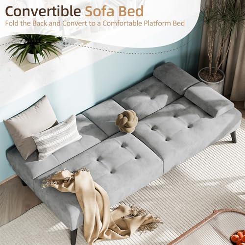 Shintenchi Futon Sofa Bed, Velvet Foldable Couch Reclining Sleeper w/Removable Armrests, Upholstered Loveseat w/Folding Cup Holders for Home, Office, Light Gray Shintenchi