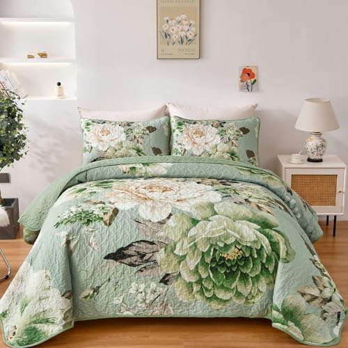 WONGS BEDDING Sage Green Floral Quilt Set King, 3 Pieces Elegant Flower Bedspread Coverlet for All Season Reversible Soft Microfiber Lightweight Quilt Bedding Set with 2 Pillow Shams 104"X90" WONGS BEDDING
