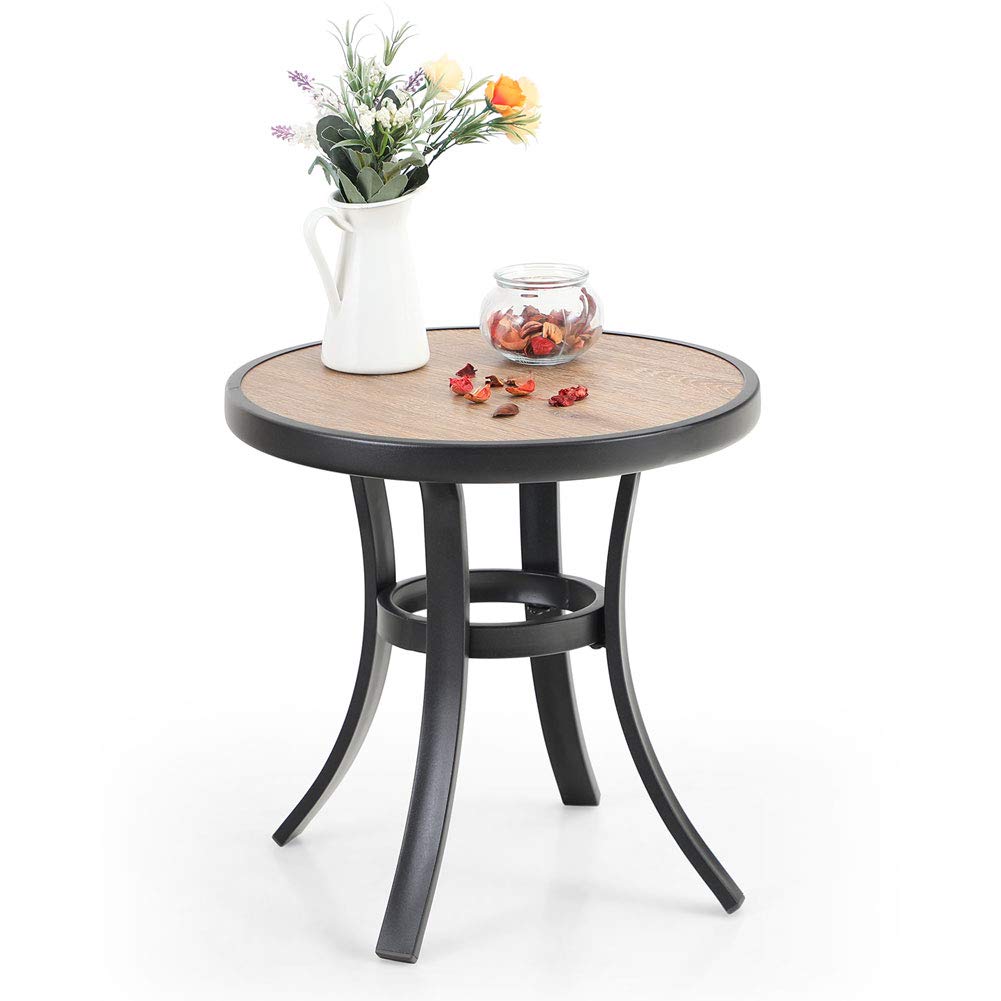 PHI VILLA Patio Round Side Table with Metal Frame and Wooden Like Surface, 19" Small Heavy Duty Outdoor End Table for Garden Yard Lawn PHI VILLA