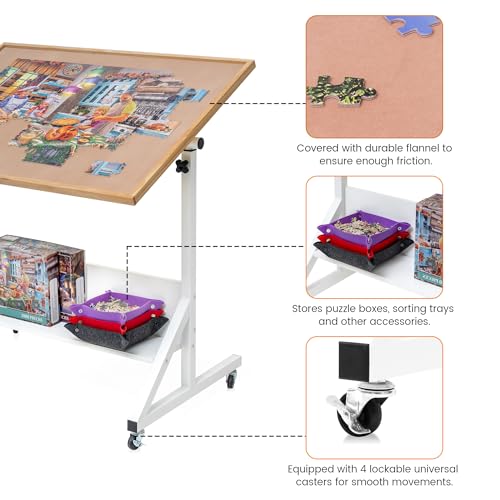 Tektalk Jigsaw Puzzle Table with Angle & Height Adjustment,Puzzle Board with Cover,Puzzle Easel Tilting Table with Legs, Enclosed with 4 Roller Wheels, for Up to 1500 Pieces Tektalk