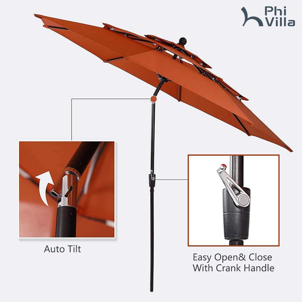 PHI VILLA 5 Pieces Patio Dining Set with 10ft Patio Umbrella, Metal Patio Circle Table Outdoor Stackable Wrought Iron Chair Set of 4 & 42" Large Round Dining Table,3 Tier Vented Orange Red Umbrella PHI VILLA