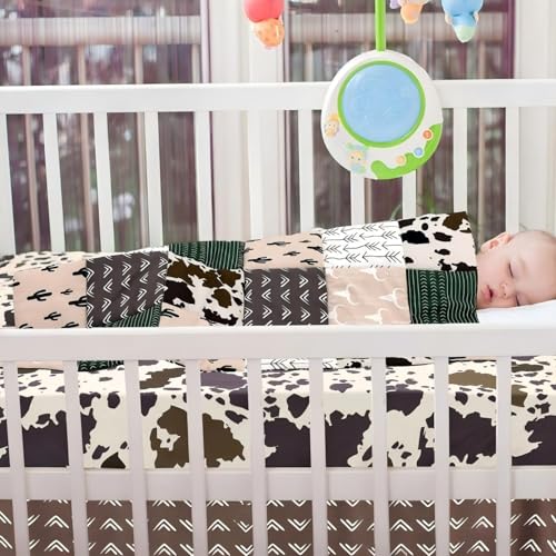 Hahafelt 3 Piece Patchwork Western Crib Bedding Set for Boys Girls Cow Cactus Print Baby Bedding Barnyard Western Nursery Decor Soft Baby Bed Set Includes Quilt Fitted Crib Sheet Bed Skirt(Cowboys) Hahafelt