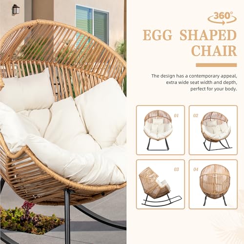 Vongrasig Wicker Rocking Egg Chair PE Rattan with Cushion, Oversized Patio Lounge Rocker Chair for Outdoor, Indoor, Livingroom, Backyard, Garden (Beige) Vongrasig