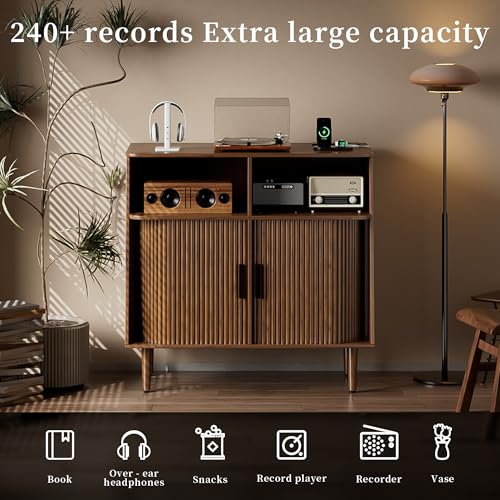 Record Player Stand with Vinyl Storage, Mid Century Modern Vinyl Storage Cabinet with Power Outlet and Sliding Doors, Turntable Stand Table Holds Up to 350 Albums for Living Room (walnut, 31.5"W) tauxkoi