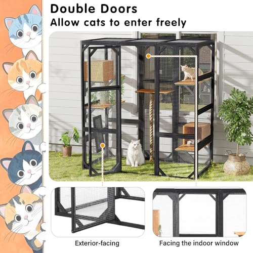 Outdoor Cat Catio Enclosures Large Pine Wood Cat House Patio for Feral Cat Shelter with 2 Enter Doors, 2 Resting Rooms, 3 Platforms, 68.5" H (Black Brown) Caviresta
