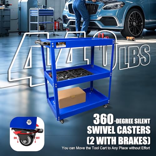 FITHOIST 3-Tier Rolling Tool Cart, Thickened 440LBS Metal Mechanic Tool Cart on Wheels, Heavy Duty Rolling Carts with Wheels, Utility Service Carts for Mechanics Garage Warehouse Workshop Repair Shop