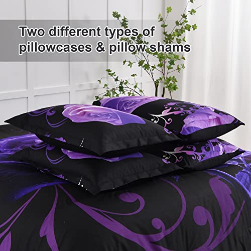 Xruibed Floral Comforter Set Full 7 Piece Bed in a Bag Purple Rose Flower Comforter with Sheet Set Soft Micorfiber Bedding Set (1 Comforter,2 Pillow Shams,1 Flat Sheet,1 Fitted Sheet,2 Pillowcases) Xruibed