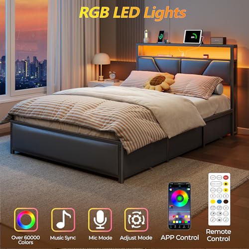 OURPIC Full Size Bed Frame, 2-Tier Storage Headboard & 6 Drawers, PU Leather Upholstered Platform Bed Frame Full with Charging Station and LED Lights, No Box Spring Needed, Noise Free OURPIC