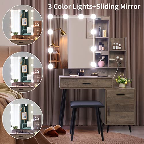 VINGLI Vanity Desk with Sliding Mirror & Lights & Charging Station & Drawers & Shelves & Door, Farmhouse Modern Makeup Vanity Set with Stool (Rustic Gray, 39'' x 16'' x 63'', Bench Included) VINGLI