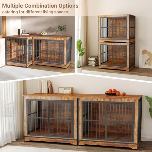 Rovibek 86 Inch Double Dog Crate Furniture, Dog Cage Furniture with Removable Divider & Trays, Large Wooden Dog Crates for 2 Dogs Indoor with Three Doors, Rustic Brown Rovibek