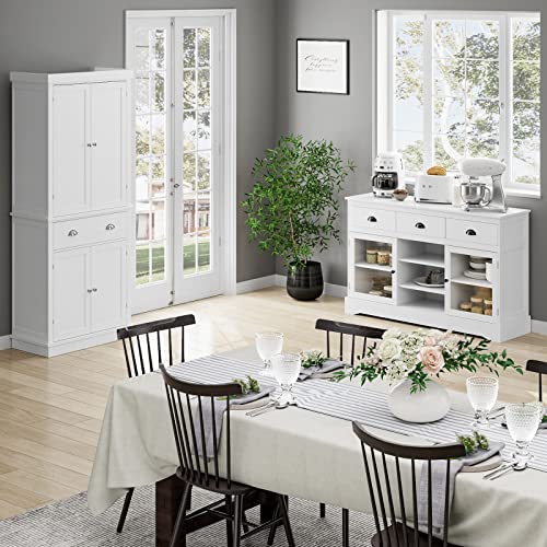 FOTOSOK 72" Utility Pantry Storage Cabinets for Kitchen, Dining Room, Living Room, White , Freestanding Cupboard with 4 Doors, Drawer, 4 Shelves FOTOSOK
