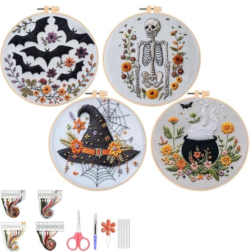 4 Set Halloween Embroidery Kit, Halloween Crafts for Adults, DIY Cross Stitch Craft Kit, with Needles and Thread Included (# A)