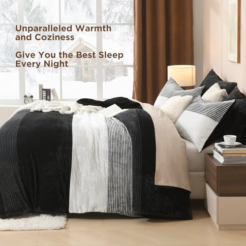 Litanika Fluffy Fleece Queen Comforter Set, Luxury Soft Plush Fuzzy Black & White Stripe Bedding Comforter Sets, Warm Shaggy Faux Fur Bed Set All Season (1 Comforter, 2 Pillowcases) Litanika