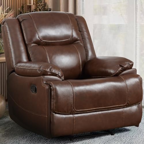 EBELLO Genuine Leather Manual Recliner Chair, Reclining Sofa Chair Couch for Living Room, Bedroom Furniture, Meeting Room, Brown EBELLO