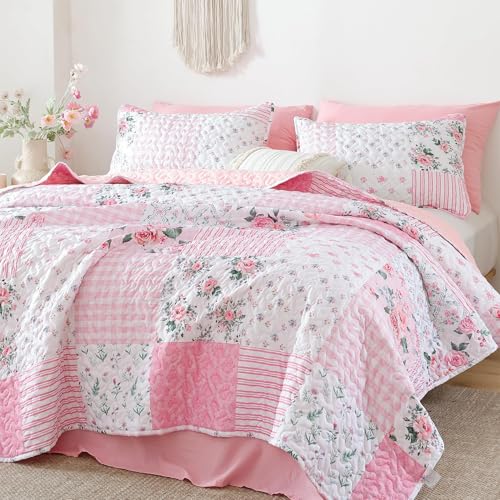 YIKUSH Quilt Sets Queen Size Floral Quilt Set 3 Pieces Bedding Set Bedspreads Pink Comforter Blanket with 2 Pillow Cases- Ultra Soft Floral Coverlet with Printed Pattern 90in.x 90in YIKUSH