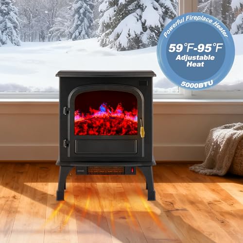 DUMOS 26” Freestanding Electric Fireplace Heater, Electric Fireplace Stove with 3D Flame Effect & Remote Control, Stylish Stove for Home with Safety Features, Adjustable Heat & 12H Timer, Inky DUMOS