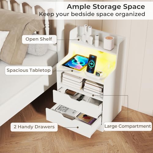 Giantex LED Night Stand with Charging Station, End Side Table w/Open Shelves, 2 Storage Drawers, Cable Holes, Nightstand w/Adjustable Light Color & Mode, Modern Bedside Table for Bedroom (1, White) Giantex