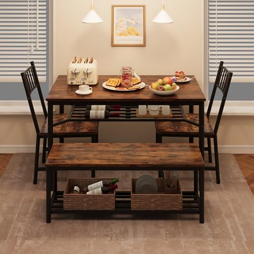 Garvee Dining Table Set for 4 with Bench and Chairs, 4-Piece Kitchen Table Set with Storage – Space-Saving Dining Table for Apartments and Dining Rooms, Brown Garvee