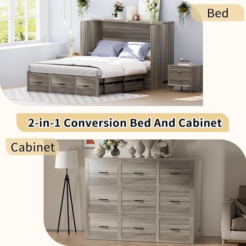 NEBZHASK Full Size Murphy Bed with Charging Station and Drawer Farmhouse Cabinet Bed Wood Space-Saving Hidden Folding Platform Bed Chest for Home Office Bedroom Guest Room Apartment,Gery