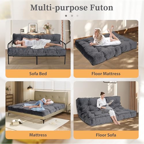 KOZIDO 8” Futon Mattress Full Size, Extra Thick Foldable Futon Sofa Bed Couch, Shredded Foam Filling Floor Mattress for Adults with No Assembly Needed, Frame Not Included - Dark Grey KOZIDO