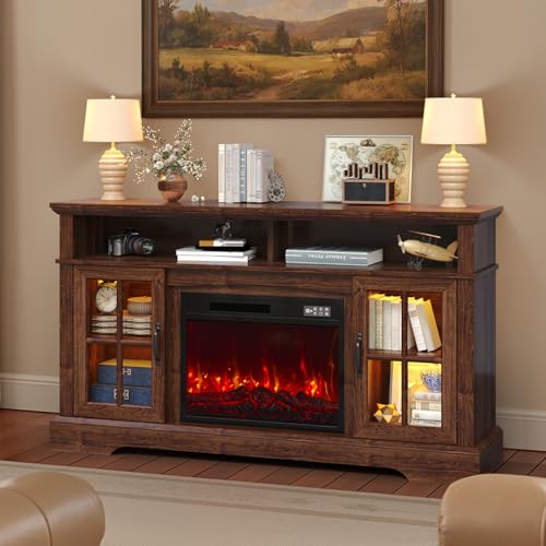 Breezestival 58" Fireplace TV Stand, Modern Entertainment Center for TVs Up to 70”, TV Console with Storage Cabinets, Media Console for Living Room, Brown TV Stand and Black Fireplace Breezestival