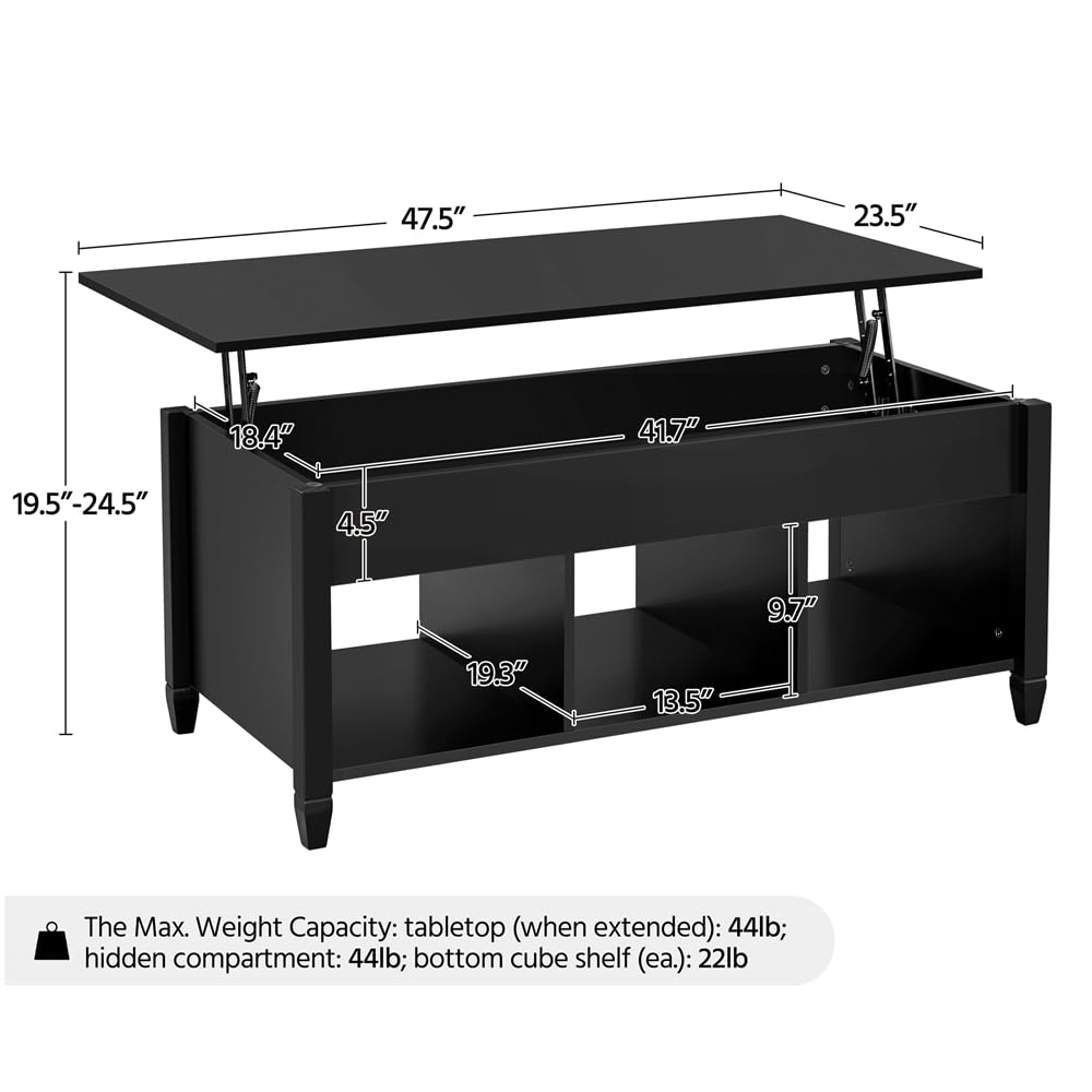 Yaheetech Black Coffee Table, 47.5in Lift Top Coffee Table, Lift Up Center Table w/Hidden Compartment & 3 Cube Open Shelves for Living Room Yaheetech