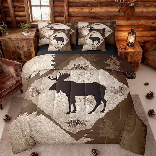 Homewish Moose Cabin King Bedding Set 7 Pieces Cartoon Wild Animal Jungle Trees Comforter Set for Kids Teens Adults Bedroom Decor (Comforter,Flat Sheet,Fitted Sheet,2 Pillowcases,2 Pillow Covers) Homewish