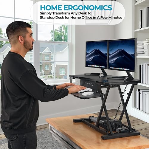 VERSADESK PowerPro™ 36 Inch Electric Standing Desk Converter, Height Adjustable Sit to Stand Up Desk Riser, Laptop and Dual Monitor Desktop Workstation with Wide Keyboard Tray and USB Port, Black VERSADESK