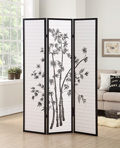 Room Divider Panel Shoji Screen, Japanese 3 Panel Folding Privacy Screen for Room Separation, Wood Wall Divider, Black-Plant Print Generic