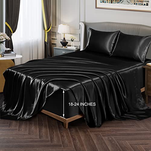 Vonty Satin Sheets Extra Deep Pocket King Size Sheets - Cooling & Silky Satin King Sheets Set with 18-24 Inch Deep Pocket, Black Satin Bed Sheets Fit Up to 24" Deep Matress - 4 Piece Vonty