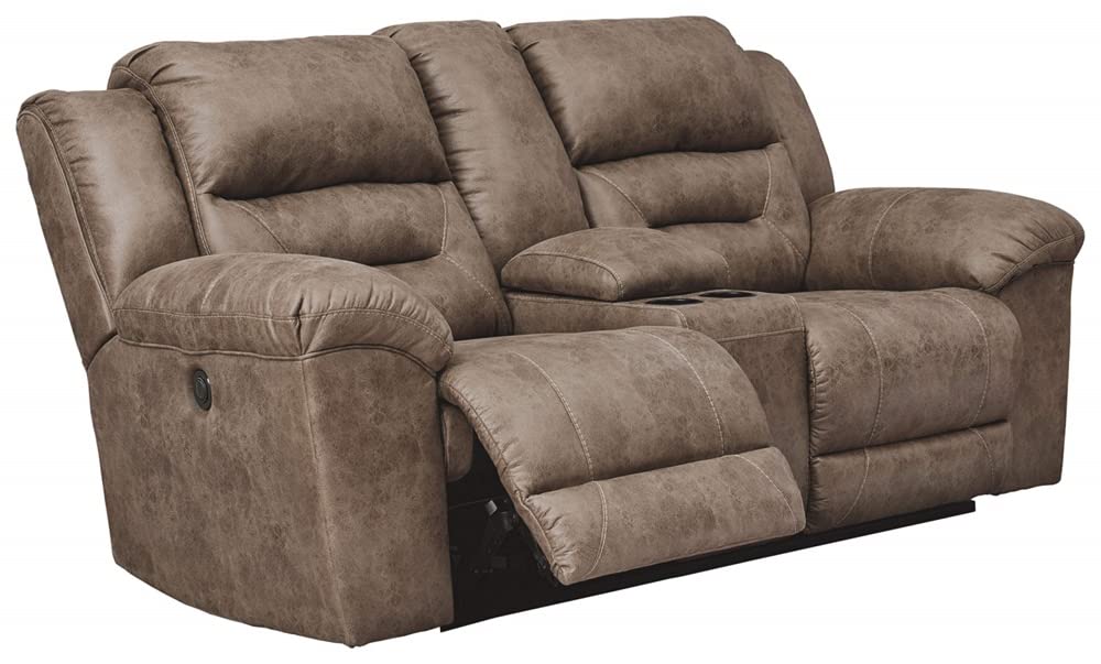 Signature Design by Ashley Stoneland Faux Leather Power Double Reclining Loveseat with Center Console, Light Brown Signature Design by Ashley