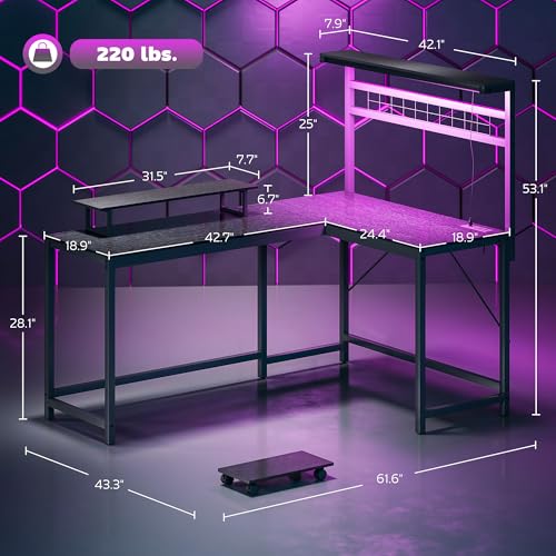 HOMCOM Gaming Desk, 62" L Shaped Desk with Power Outlets & LED Lights, 86" 2 Person Computer Table with Shelf & Rolling CPU Stand, Reversible Corner Office Table with Hutch, Black HOMCOM