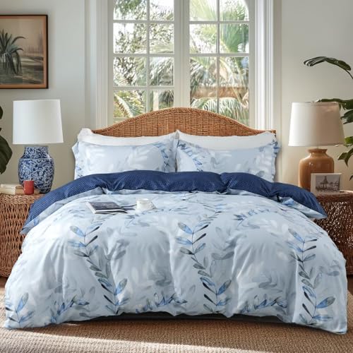 OAITE Duvet Cover Queen Size,Reversible Leaf Blue Duvet Cover Set with Zipper Closure, 3 Pieces Modern Patterns Soft Microfiber Bedding Set with 8 Ties(90’’*90’’,2 Pillow Cases) OAITE