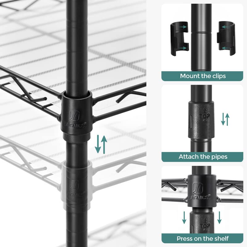 SONGMICS 6-Tier Storage Shelves, Wire Shelving Unit, Kitchen Metal Shelves, Storage Rack with Adjustable Shelves, Shelf Liners, 8 Hooks, for Garage, 11.4 x 23.2 x 63 Inches, Black ULGR066B01 SONGMICS