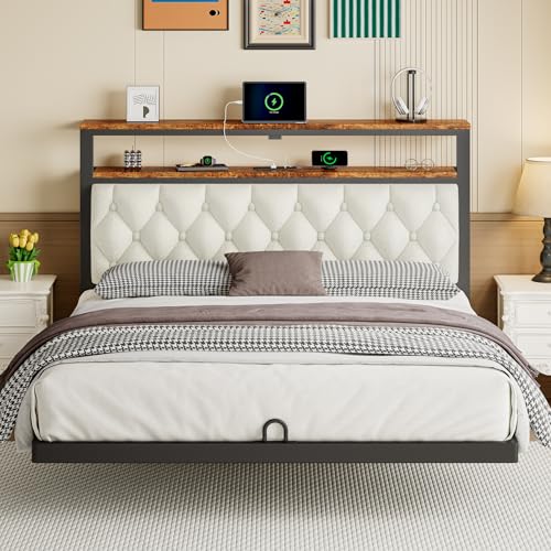 ChicZhiNest Queen Floating Bed Frame with Headboard, LED Floating Bed Frames with Charging Station and Upholstered Backrest, Storage Shelf, No Box Spring Needed, Easy Assembly, Noise-Free, Black ChicZhiNest