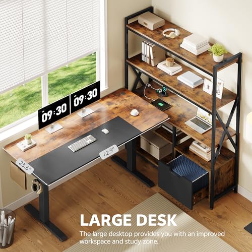 Homiflex 77.8 Inches L Shaped Standing Desk Corner Desk with Hutch Electric Height Adjustable Desk with Storage Shelves File Drawer Power Outlets Reversible Computer Gaming Desk for Home Office, Brown Homiflex