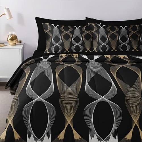 Nesker 7 Pcs Comforter Set Queen Size, Striped Minimalist Bedding Set for Kids and Adults, White Golden Wave Bed Sheet Sets with Fitted Sheet 2 Pillowcases & 2 Shams Nesker