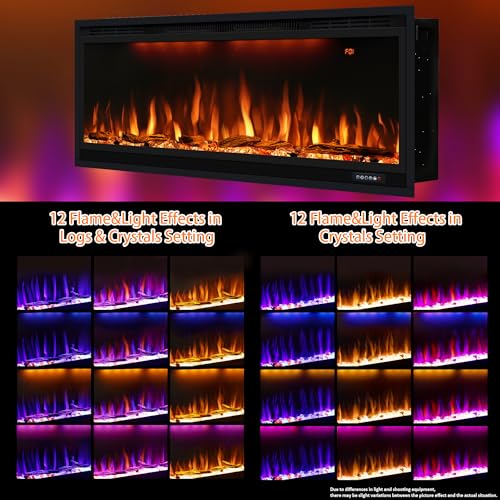 42 inch Smart Electric Fireplace with App Control, Wall Mount & in Wall recessed Fireplace Inserts, Multicolor Flame w/Realistic Log &Crystals, Overheating Protection and Timer, 750W/1500W, Black Dreamflame