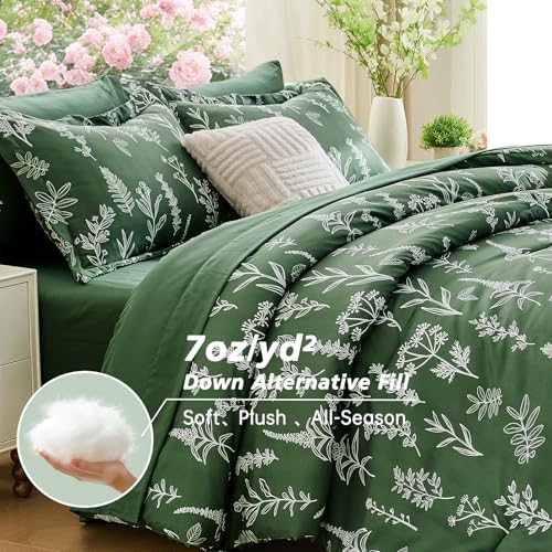 MUXHOMO Dark Green Bed in a Bag Queen 7 Pieces, Queen Comforter Set Reversible Botanical Flowers Design, Ultra Soft & Breathable Bedding Sets with Comforter, Sheets, Pillowcases & Shams