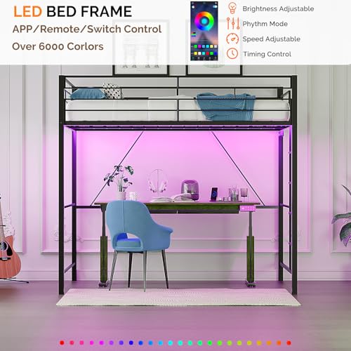VINGLI Loft Bed Twin Size with 15 Inches Safety Guardrail, Flat Rungs, LED Lights and Charging Station, Heavy Duty Metal Single High Sleeper for Small Space Saving, Kids room and Dorm Apartment, Black VINGLI