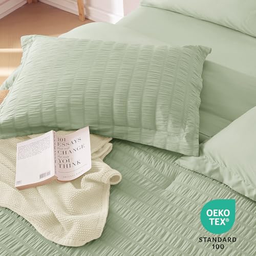 MUXHOMO 5 Pieces Twin Comforter Set, Seersucker Bed in a Bag Twin Size, All Season Luxury Bedding Set with Comforter, Flat Sheet, Fitted Sheet, Pillowcase & Sham, Light Green MUXHOMO