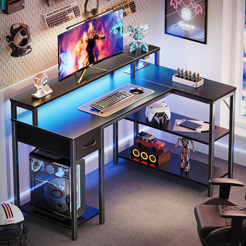 SUPERJARE 47 inch Reversible L Shaped Desk with LED Lights & Power Outlets, Computer Desk with Shelves & Monitor Stand, Gaming Desk with Drawer, Home Office Desk Corner Desk, Black SUPERJARE