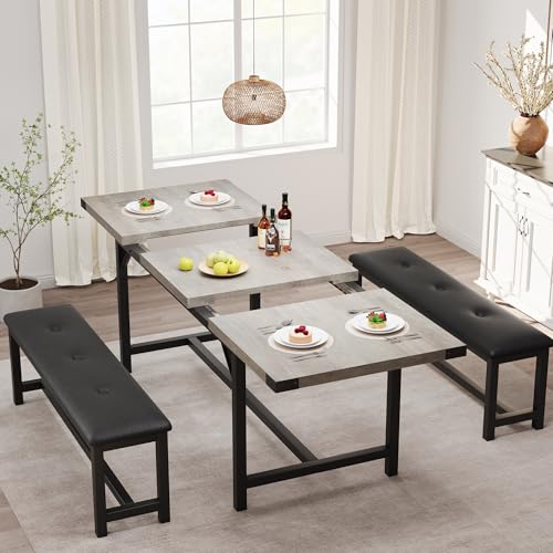 Garvee 63 in Extendable Dining Table Set for 4-6 People, 3-Piece Kitchen Table Set with 2 Upholstered Benches, Farmhouse Dining Room Table Set for Kitchen, Living Room, Apartment, Gray Garvee